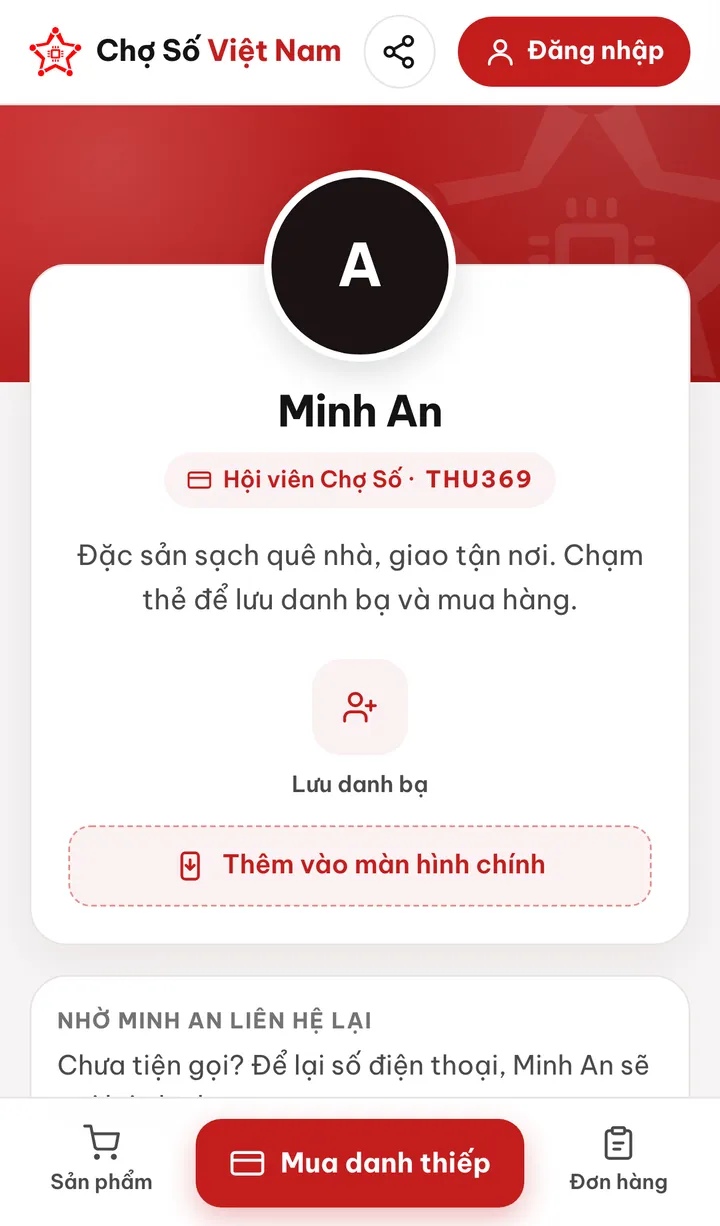 Danh thiếp số mở trên điện thoại sau khi chạm thẻ