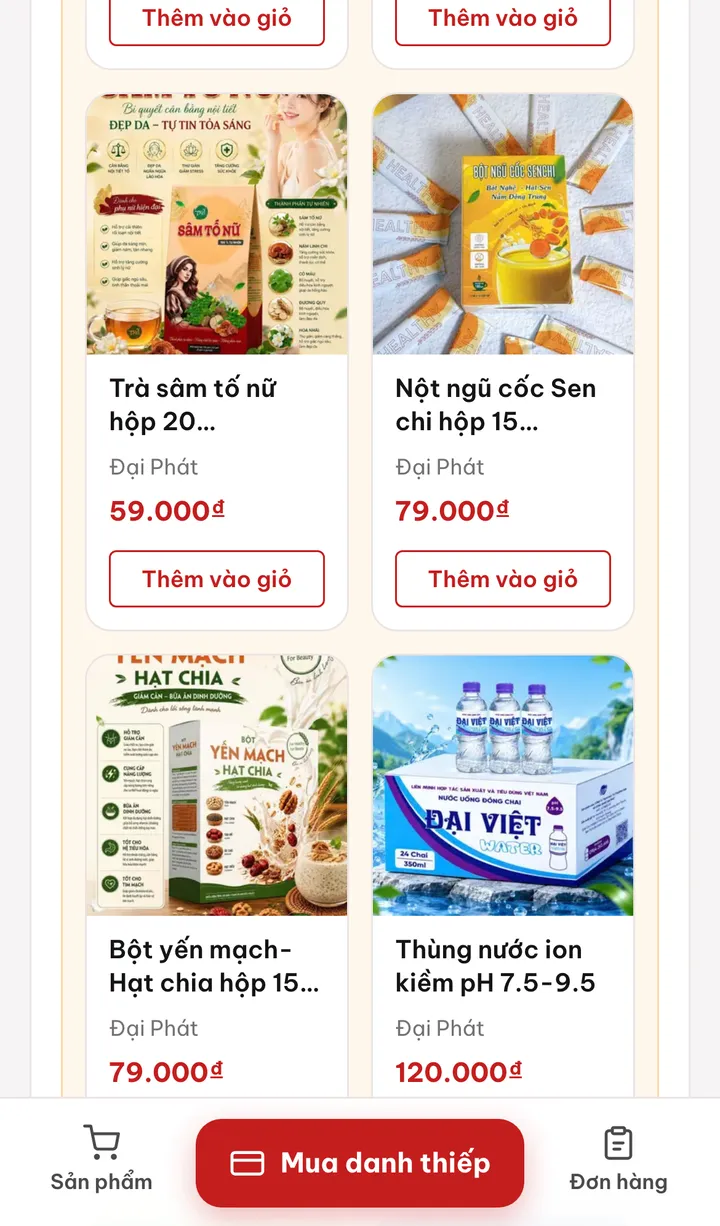 Gian hàng trên danh thiếp với các sản phẩm và nút thêm vào giỏ